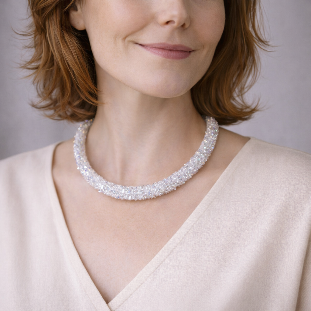 Handgehäkelte Halskette mit irisierenden Kristall Glasperlen